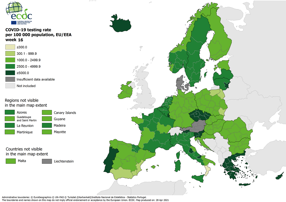 Testing rates per 100 000 inhabitants, updated 29 April 2021